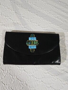 Kate Landry Black Faux Leather Clutch With Stone Embelishment
